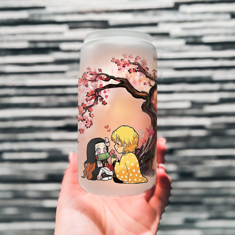 Nezuko Zenitsu Demon Slayer Cherry Blossom Japan Style Anime Glass Can