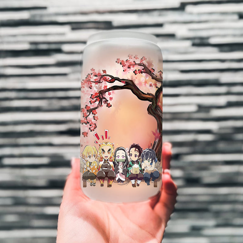 Demon Slayer Team Chibi Anime Cherry Blossom Glass Can