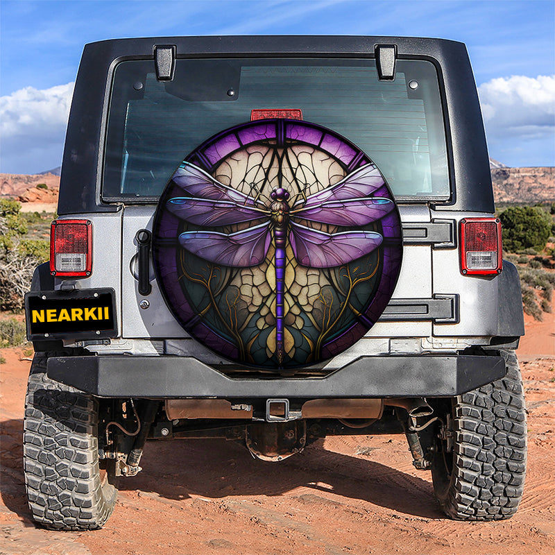 Purple Dragonfly Stained Glass Car Spare Tire Cover