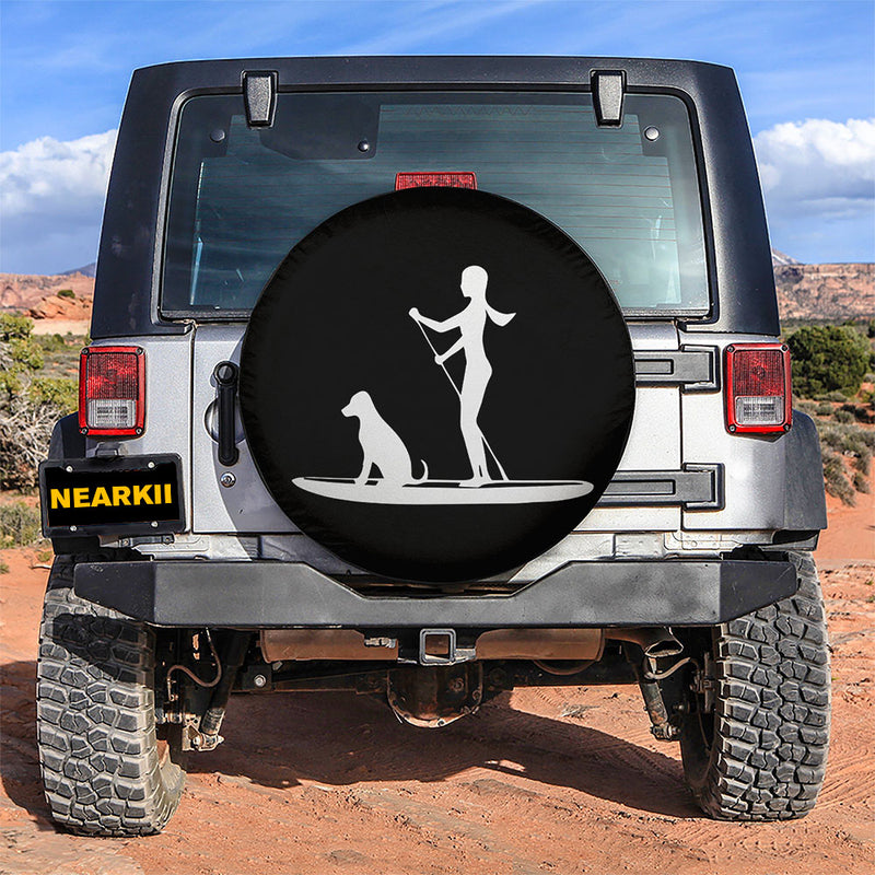 Girl And Dog Paddle Boarding Spare Tire Cover