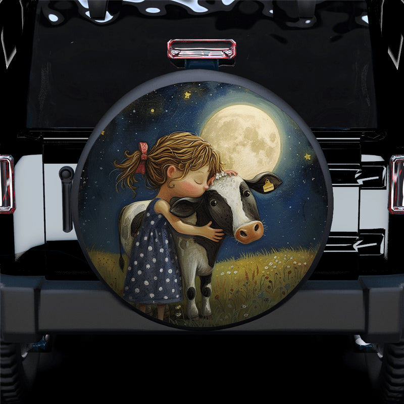 Girl With Cow Under The Moon Car Spare Tire Cover