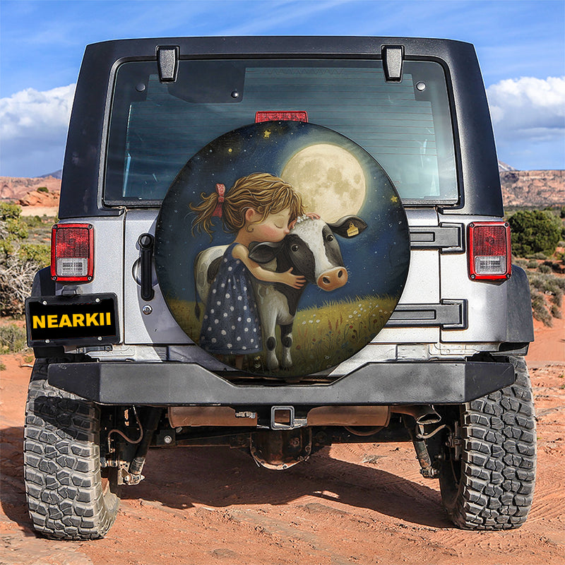 Girl With Cow Under The Moon Car Spare Tire Cover
