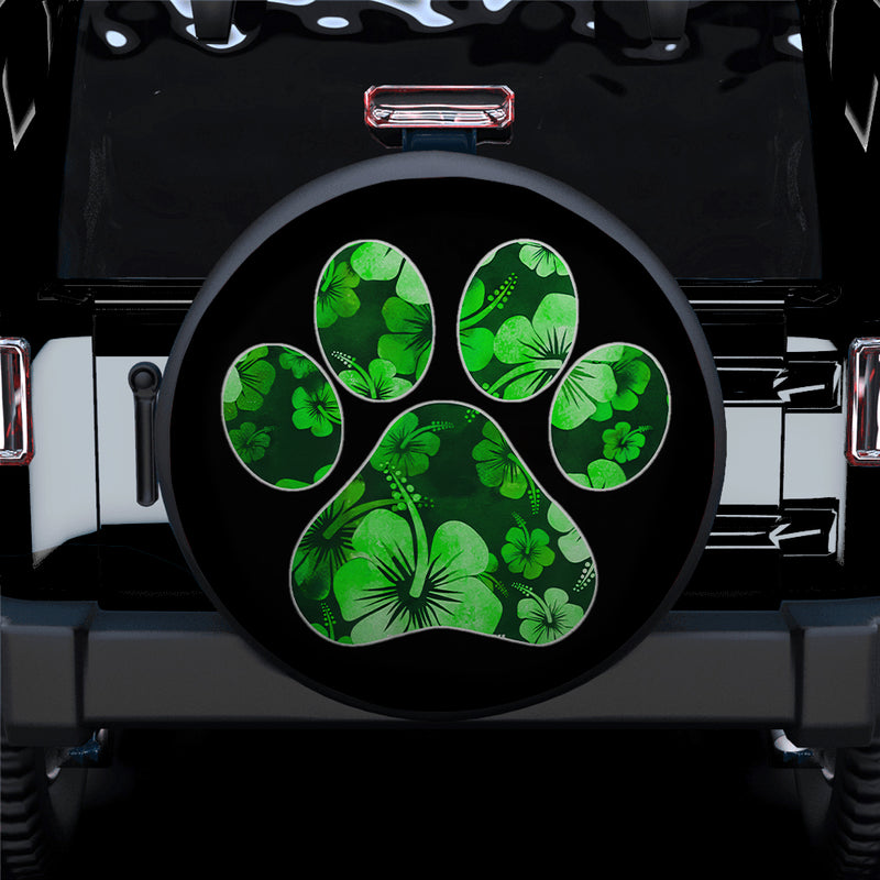 Green Paw Print Hawaiian Hibiscus Car Spare Tire Covers Gift For Campers