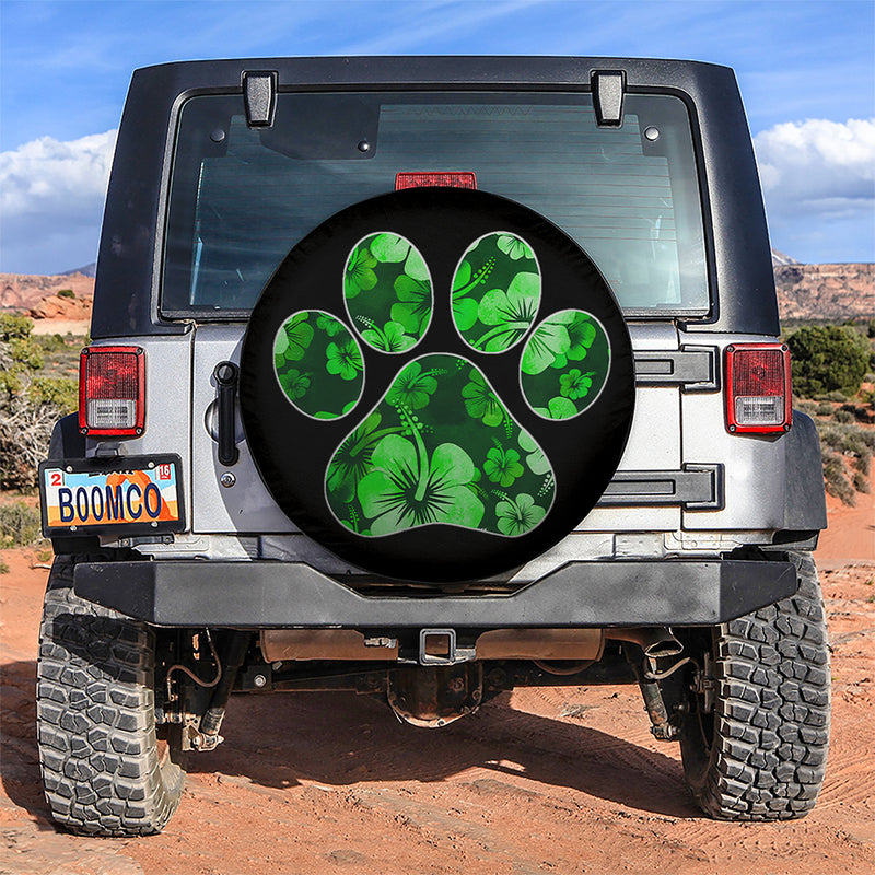 Green Paw Print Hawaiian Hibiscus Car Spare Tire Covers Gift For Campers