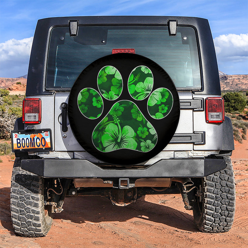Green Paw Print Hawaiian Hibiscus Car Spare Tire Cover