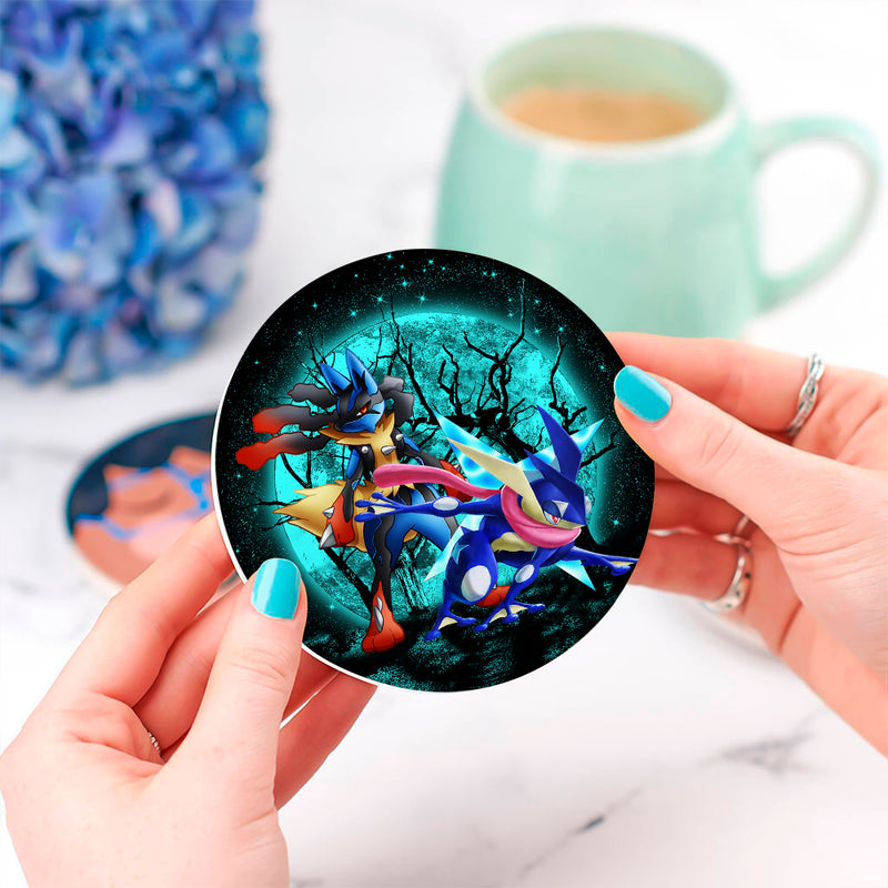 Greninja Satoshi And Mega Lucario Pokemon Moonlight Halloween Ceramic Drink Coasters