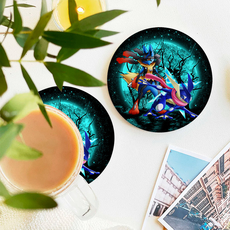 Greninja Satoshi And Mega Lucario Pokemon Moonlight Halloween Ceramic Drink Coasters