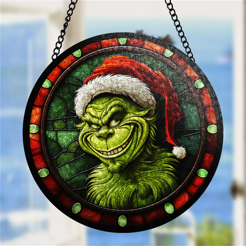 Grinch Round Stained Glass Window Hanging Panel Suncatcher