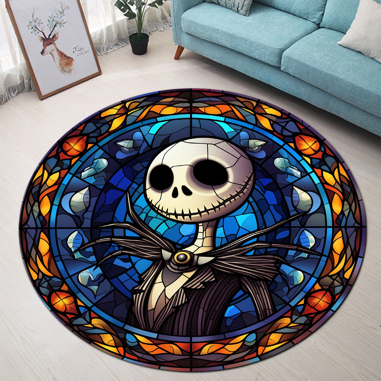 Window Pane Square Rug Jack Skellington Stained Glass Round Rug