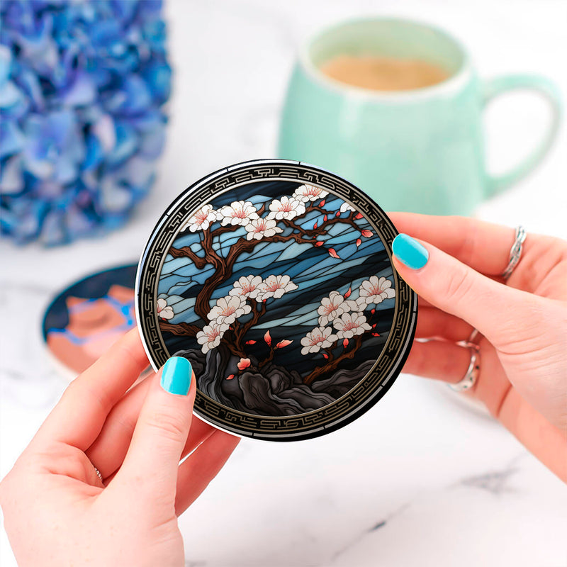 Japan Cherry Blossom Stained Glass Drink Coasters