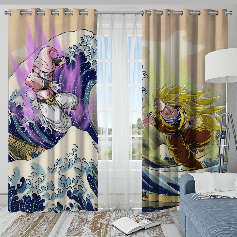 Kid Buu Vs Goku Dragon Ball The Great Wave Japan Window Curtain