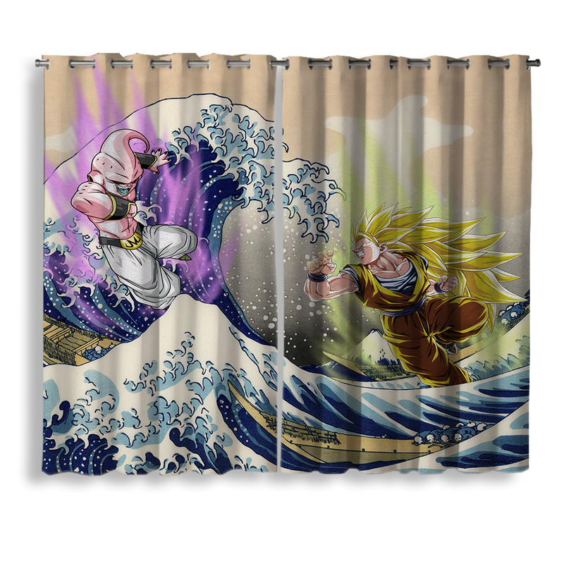 Kid Buu Vs Goku Dragon Ball The Great Wave Japan Window Curtain