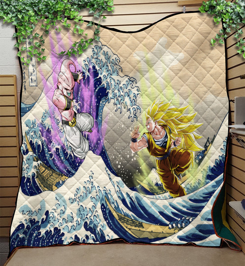 Kid Buu Vs Goku Dragon Ball The Great Wave Quilt Blanket