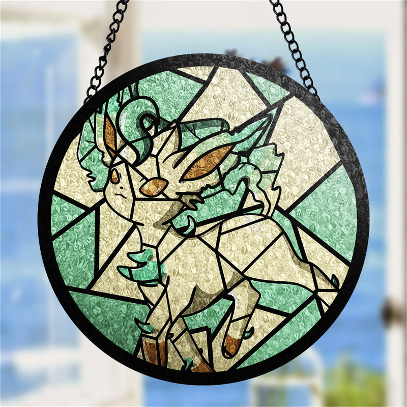 Leafeon Eevee Evolution Pokemon Round Stained Glass Window Hanging Panel Suncatcher