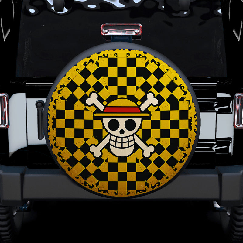 One Piece Straw Hat Jolly Roger Yellow Checkered Jeep Car Spare Tire Cover