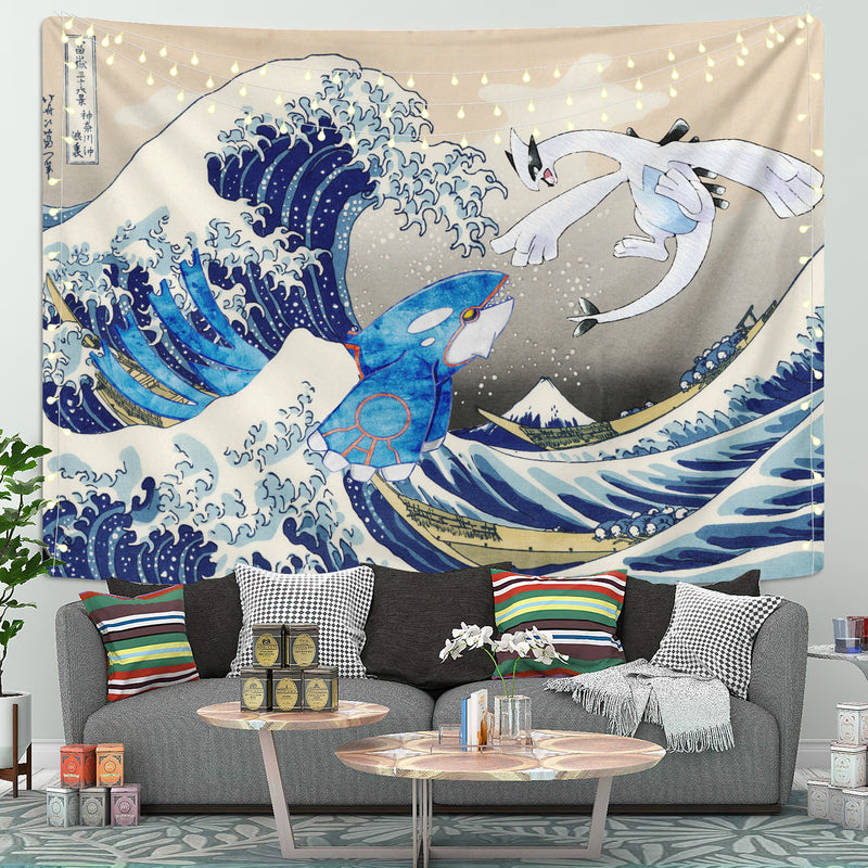 lugia Vs Kyogre Pokemon The Great Wave Tapestry Room Decor