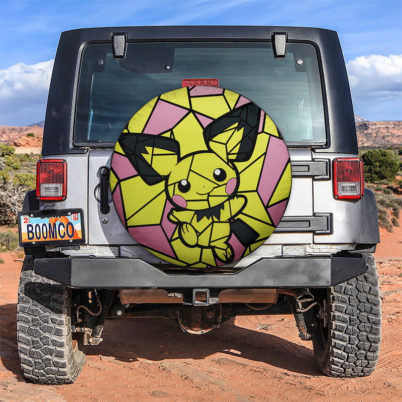 Pichu Pokemon Stained Glass Car Spare Tire Covers Gift For Campers