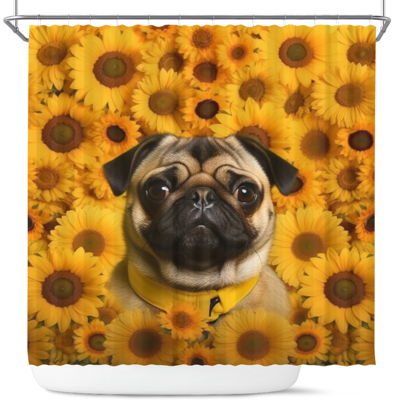 Pug Dog Sunflower Shower Curtain