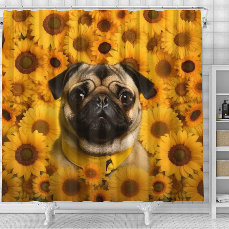 Pug Dog Sunflower Shower Curtain