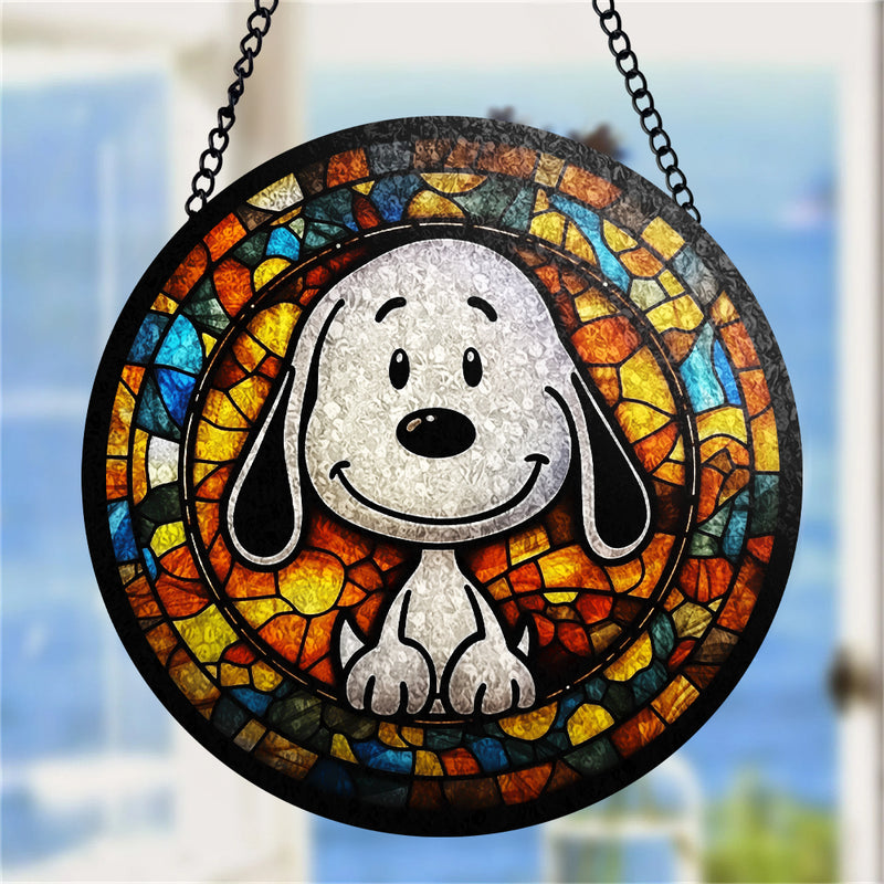 Snoopy Round Stained Glass Window Hanging Panel Suncatcher