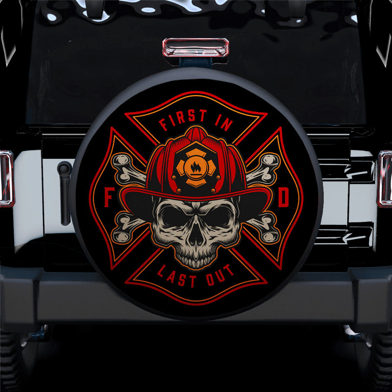Firefighter Skull First in Last Out Fireman Car Spare Tire Covers Gift For Campers