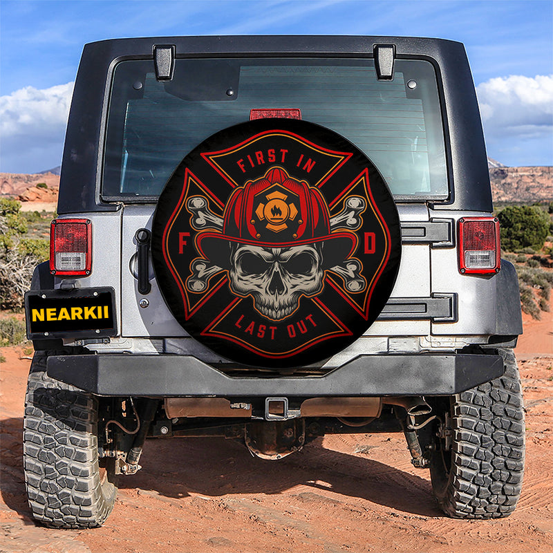 Firefighter Skull First in Last Out Fireman Car Spare Tire Covers Gift For Campers