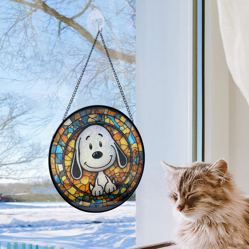 Snoopy Round Stained Glass Window Hanging Panel Suncatcher