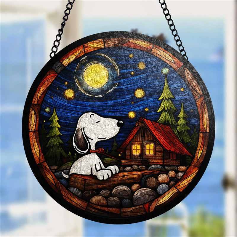 Snoopy Starry Night Round Stained Glass Window Hanging Panel Suncatcher