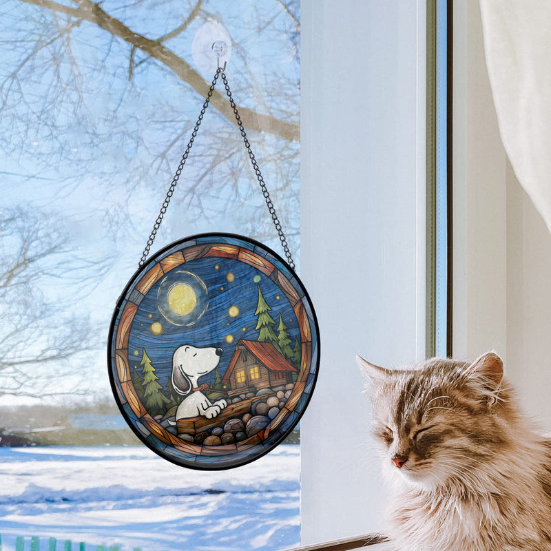 Snoopy Starry Night Round Stained Glass Window Hanging Panel Suncatcher