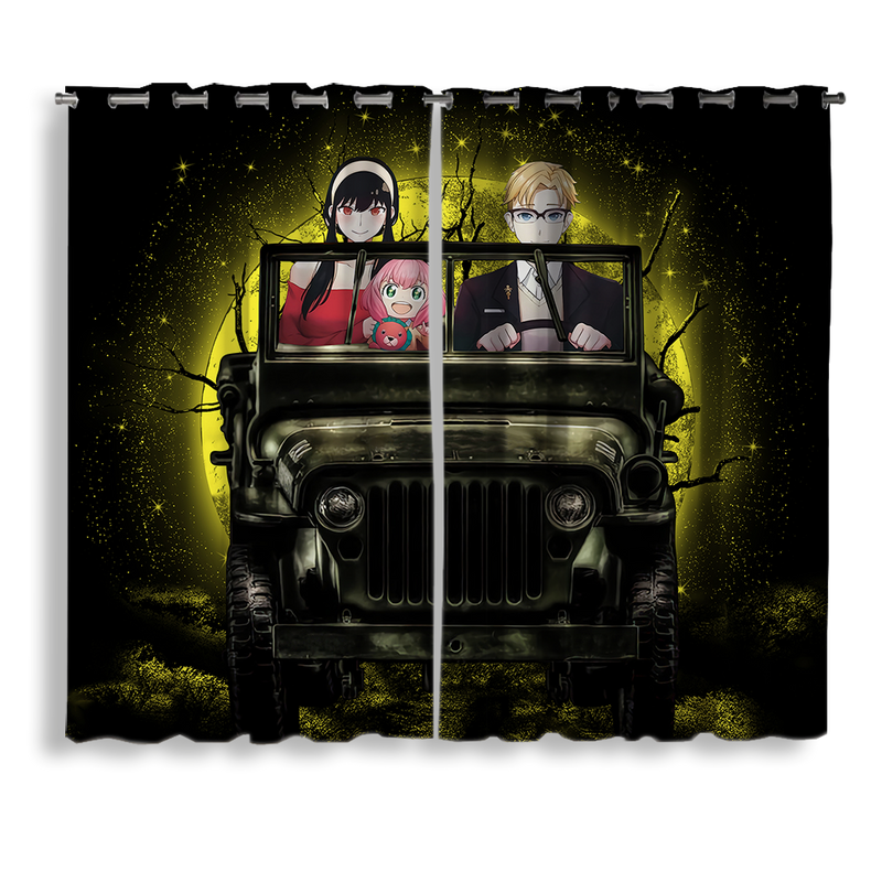 Spy X Family Yor And Anya Ride Jeep Moonlight Halloween Funny Window Curtain