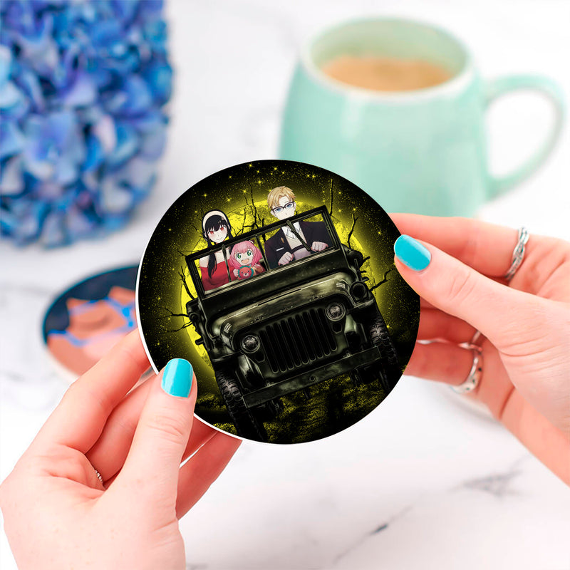 Spy X Family Yor And Anya Ride Jeep Moonlight Halloween Funny Anime Ceramic Drink Coasters
