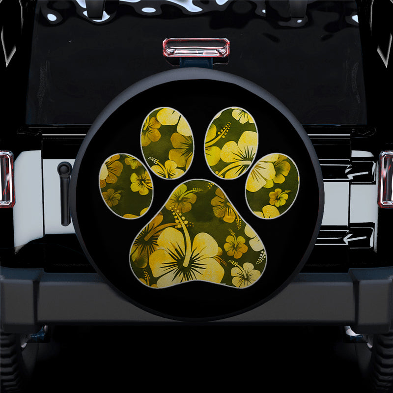 Yellow Paw Print Hawaiian Hibiscus Car Spare Tire Covers Gift For Campers