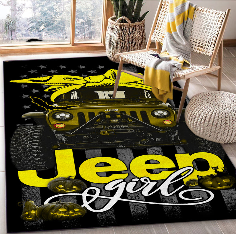 Yellow Jeep Girl Halloween Carpet Rug Home Room Decor