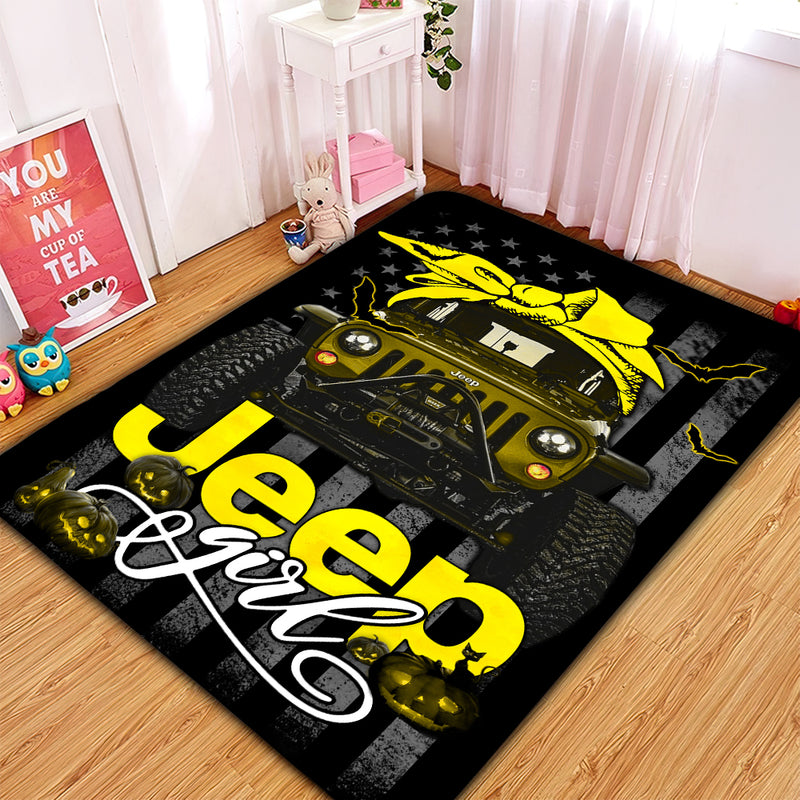 Yellow Jeep Girl Halloween Carpet Rug Home Room Decor