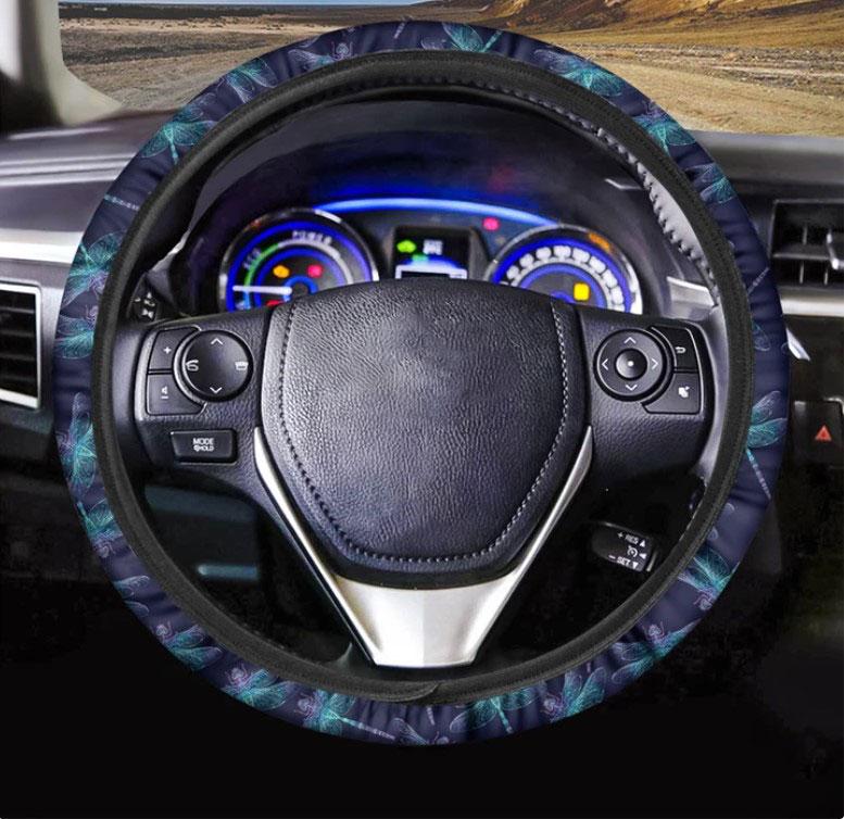 Teal And Purple Dragonfly Pattern Print Car Steering Wheel Cover Nearkii