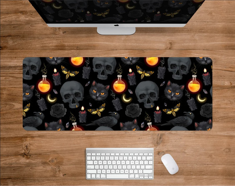 Witchy Black Cat Horror Halloween Skull Pattern Mouse Mat Nearkii