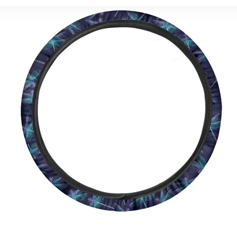 Teal And Purple Dragonfly Pattern Print Car Steering Wheel Cover Nearkii
