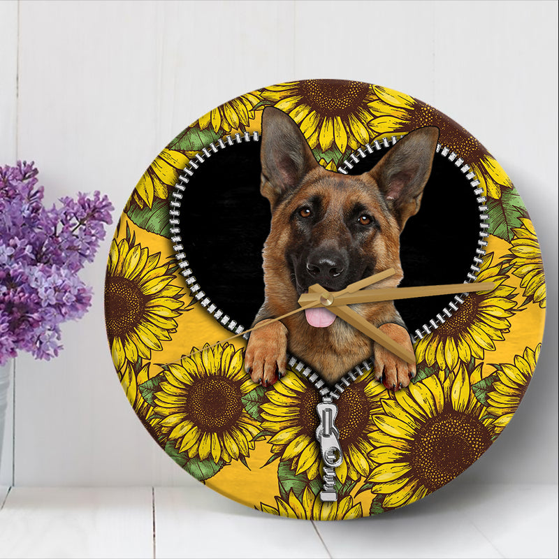 German Shepherd Sunflower Zipper Wood Wall Clock Nearkii