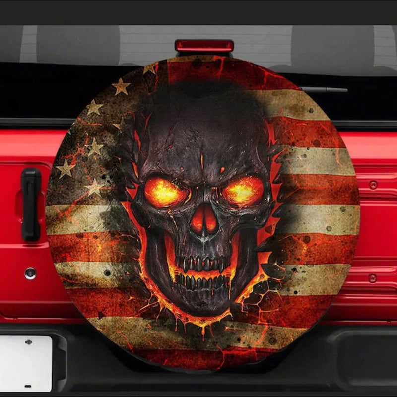 Fire Skull American Flag Jeep Car Spare Tire Cover Gift For Campers Nearkii