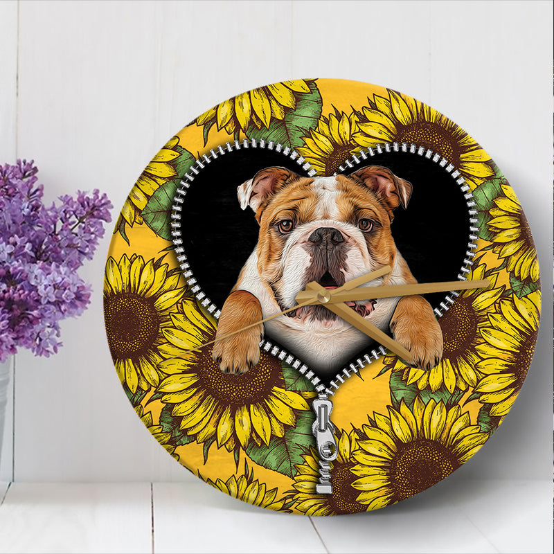 Bulldog Sunflower Zipper Wood Wall Clock Nearkii