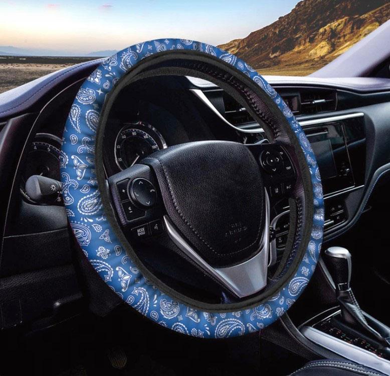 Blue Paisley Bandana Pattern Print Car Steering Wheel Cover Nearkii