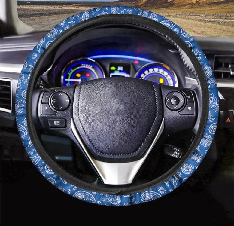 Blue Paisley Bandana Pattern Print Car Steering Wheel Cover Nearkii