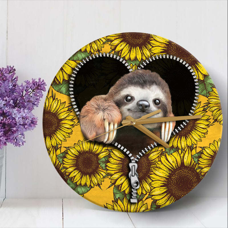 Sloth Cute Sunflower Zipper Wood Wall Clock Nearkii