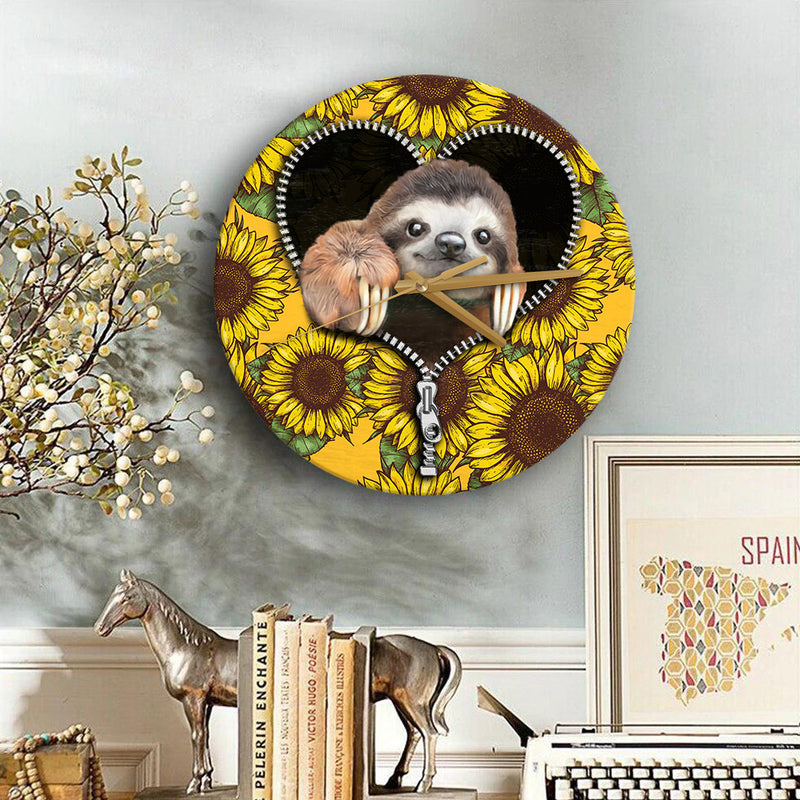 Sloth Cute Sunflower Zipper Wood Wall Clock Nearkii