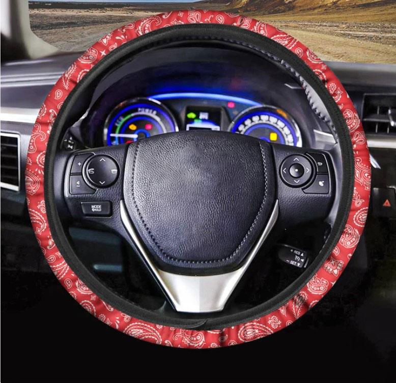 Red Paisley Bandana Pattern Print Car Steering Wheel Cover Nearkii