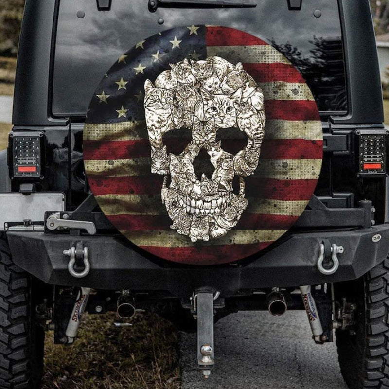 Cat Skulls, American Flag Car Spare Tire Cover Gift For Campers Nearkii