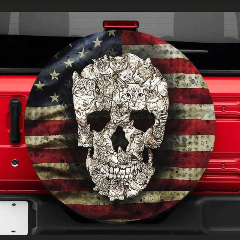 Cat Skulls, American Flag Car Spare Tire Cover Gift For Campers Nearkii