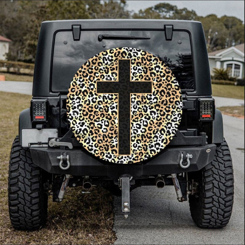 Cross Jesus, Leopard Skin Car Spare Tire Cover Gift For Campers Nearkii