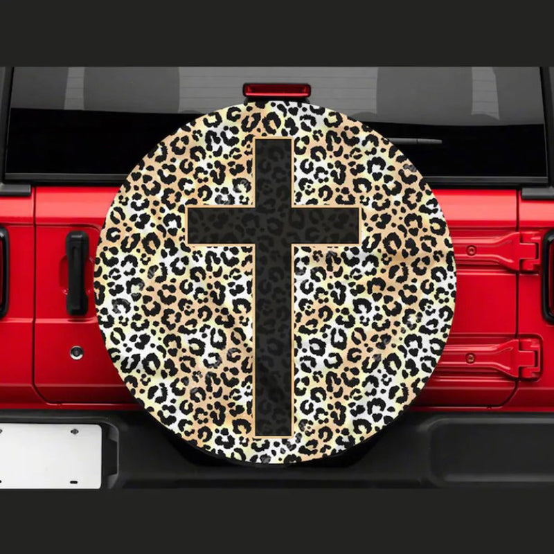 Cross Jesus, Leopard Skin Car Spare Tire Cover Gift For Campers Nearkii