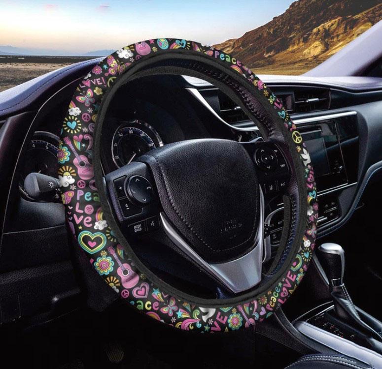 Hippie Peace Sign And Love Pattern Print Car Steering Wheel Cover Nearkii